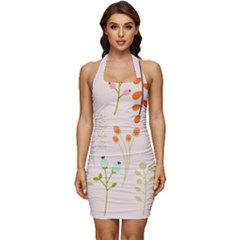 Boho Pattern Berries Flowers Nature Sleeveless Wide Square Neckline Ruched Bodycon Dress by Bedest