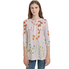 Boho Pattern Berries Flowers Nature Women s Zip Front V-neck 3/4 Sleeve Casual Top Pocket Shirt