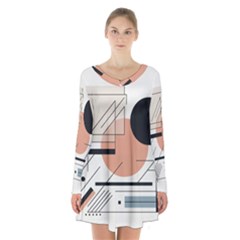 Abstract Architecture Long Sleeve Velvet V-neck Dress