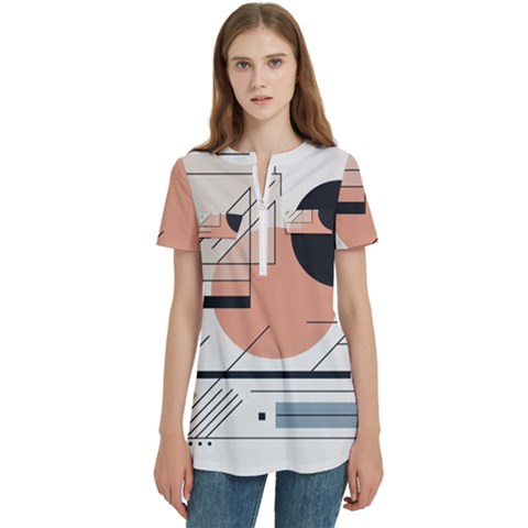 Abstract Architecture Women s Zip Front V-neck Short Sleeve Casual Top Pocket Shirt by Bedest