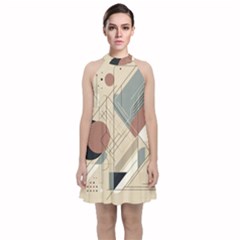 Boho Abstract Architecture Velvet Halter Neckline Dress 