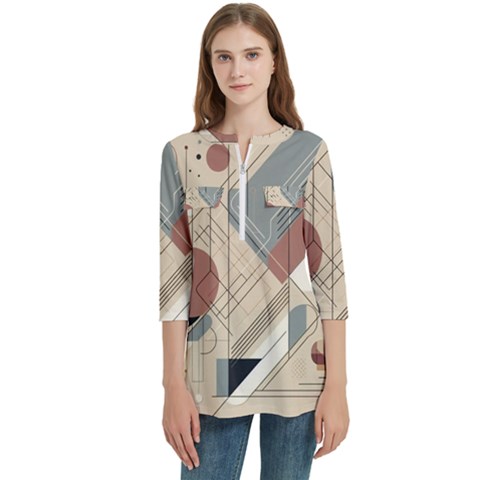 Boho Abstract Architecture Women s Zip Front V-neck 3/4 Sleeve Casual Top Pocket Shirt by Bedest