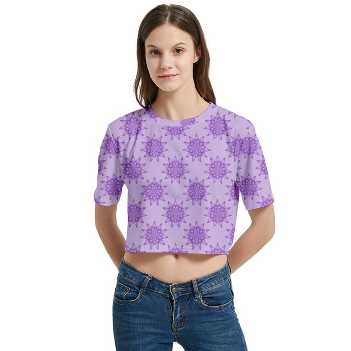 Purple Pattern Seamless Texture Mandala Women s Round Neck Short Sleeve Crop Top