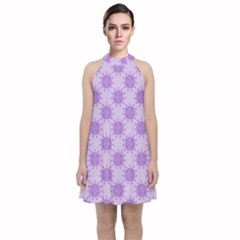 Purple Pattern Seamless Texture Mandala Velvet Halter Neckline Dress 