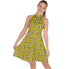 Eyes Pattern Sleeveless Halter Neck A-line Dress