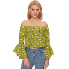 Eyes Pattern Off Shoulder Flutter Bell Sleeve Top