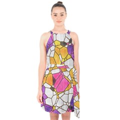 Architecture Glass Abstract Pattern Halter Collar Waist Tie Chiffon Dress