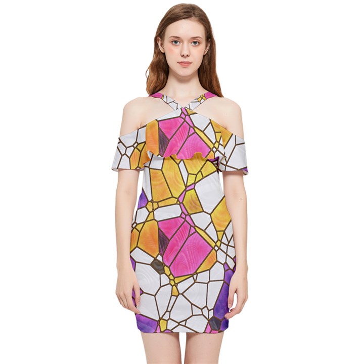 Architecture Glass Abstract Pattern Shoulder Frill Bodycon Summer Dress