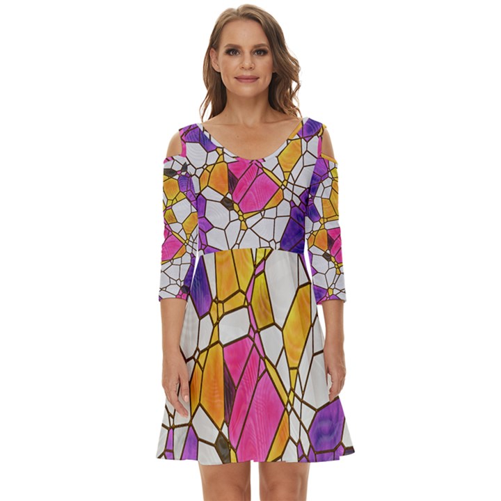 Architecture Glass Abstract Pattern Shoulder Cut Out Zip Up Dress