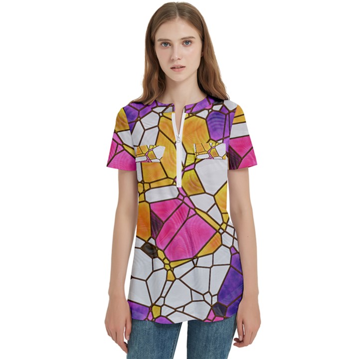 Architecture Glass Abstract Pattern Women s Zip Front V-Neck Short Sleeve Casual Top Pocket Shirt