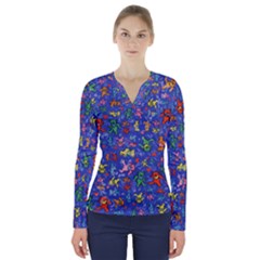 Grateful Dead Dancing Bears Pattern V-neck Long Sleeve Top