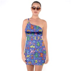 Grateful Dead Dancing Bears Pattern One Shoulder Ring Trim Bodycon Dress