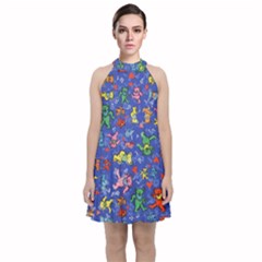 Grateful Dead Dancing Bears Pattern Velvet Halter Neckline Dress 