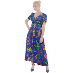 Grateful Dead Dancing Bears Pattern Button Up Short Sleeve Maxi Dress