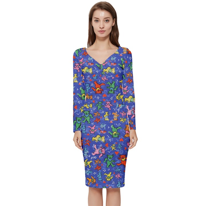 Grateful Dead Dancing Bears Pattern Long Sleeve V-Neck Bodycon Dress 