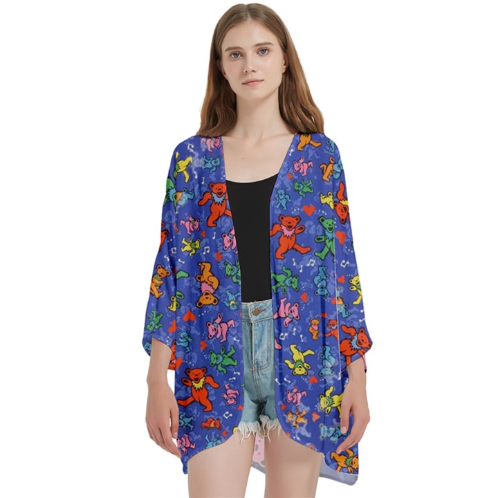 Grateful Dead Dancing Bears Pattern Open Front 3/4 Sleeve Batwing Chiffon Cardigan Kimono