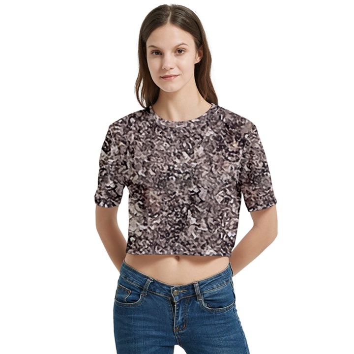 Earth Tones Fall Abstract Textured Print Women s Round Neck Short Sleeve Crop Top