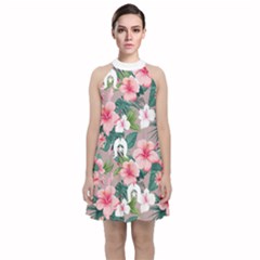 Tropical Flowers With White Dhari On Velvet Halter Neckline Dress 