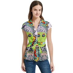 Supersonic Monster Mash Women s Cap Sleeve Mandarin Collar Waist Tie Blouse by chellerayartisans