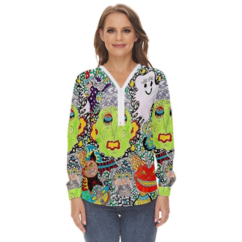 Supersonic Monster Mash Zip Up Long Sleeve Blouse by chellerayartisans