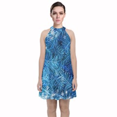 Blue Christmas Tree Branch Texture, Winter Texture, Tree Texture, Tree Branches Velvet Halter Neckline Dress 