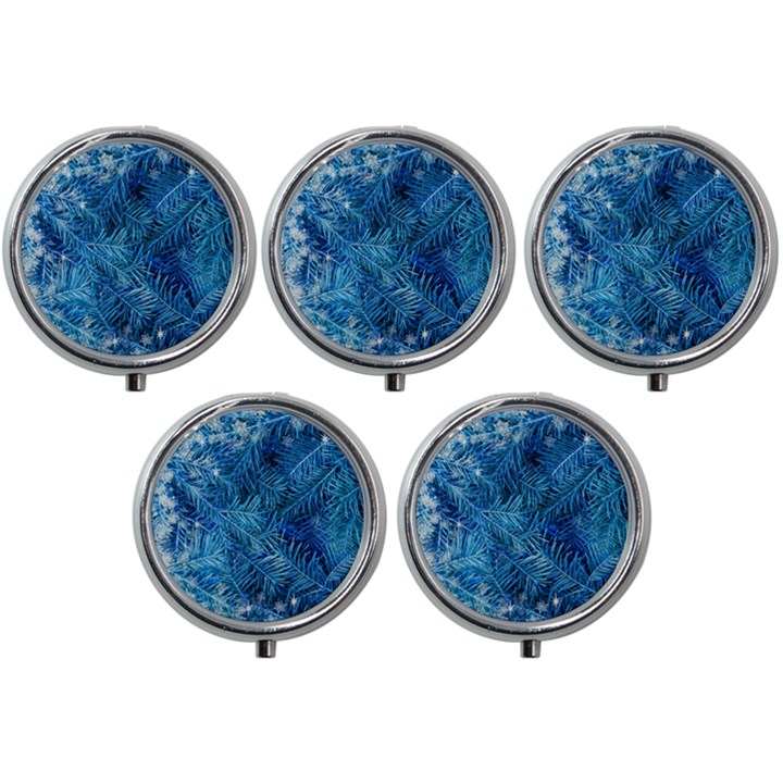 Blue Christmas Tree Branch Texture, Winter Texture, Tree Texture, Tree Branches Mini Round Pill Box (Pack of 5)