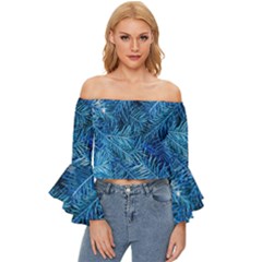 Blue Christmas Tree Branch Texture, Winter Texture, Tree Texture, Tree Branches Off Shoulder Flutter Bell Sleeve Top