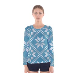 Blue Winter Knitted Texture, Blue Winter Background, Knitted Texture Women s Long Sleeve T-shirt