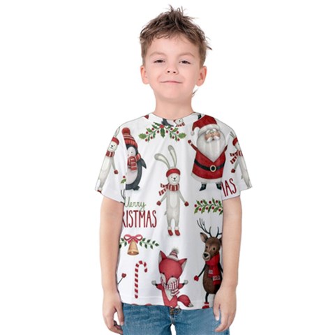 Christmas Characters Pattern, Xmas Backgrounds Kids  Cotton T-shirt by kyorashop23