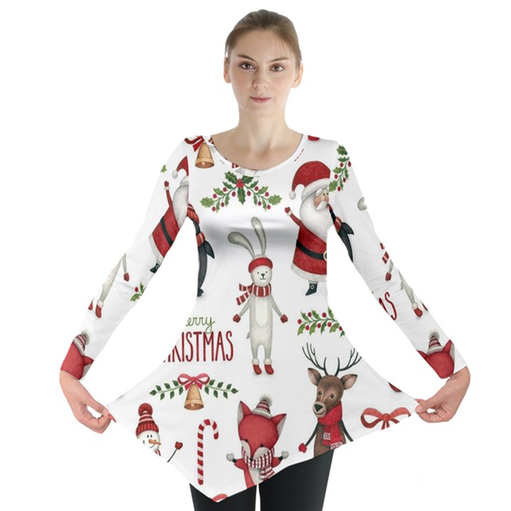 Christmas Characters Pattern, Xmas Backgrounds Long Sleeve Tunic 