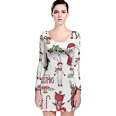 Christmas Characters Pattern, Xmas Backgrounds Long Sleeve Velvet Bodycon Dress