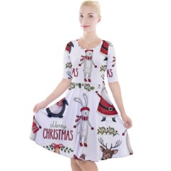 Christmas Characters Pattern, Xmas Backgrounds Quarter Sleeve A-line Dress With Pockets