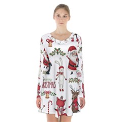 Christmas Characters Pattern, Xmas Backgrounds Long Sleeve Velvet V-neck Dress