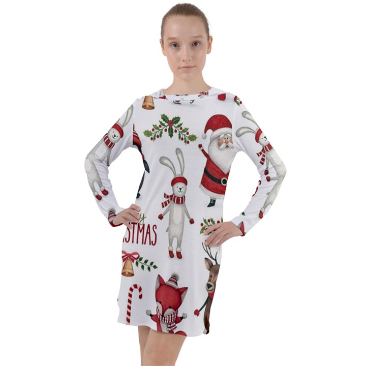 Christmas Characters Pattern, Xmas Backgrounds Long Sleeve Hoodie Dress