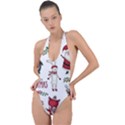 Christmas Characters Pattern, Xmas Backgrounds Backless Halter One Piece Swimsuit View1