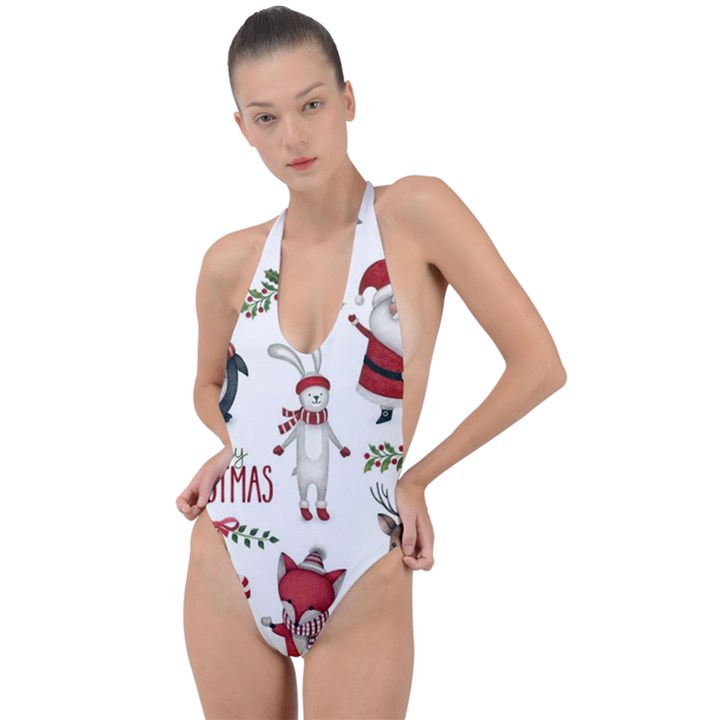 Christmas Characters Pattern, Xmas Backgrounds Backless Halter One Piece Swimsuit