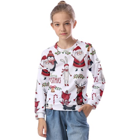 Christmas Characters Pattern, Xmas Backgrounds Kids  Long Sleeve T-shirt With Frill  by kyorashop23