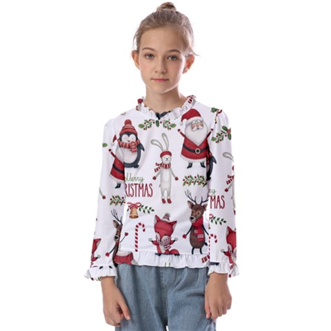 Christmas Characters Pattern, Xmas Backgrounds Kids  Frill Detail T-shirt by kyorashop23