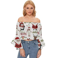 Christmas Characters Pattern, Xmas Backgrounds Off Shoulder Flutter Bell Sleeve Top