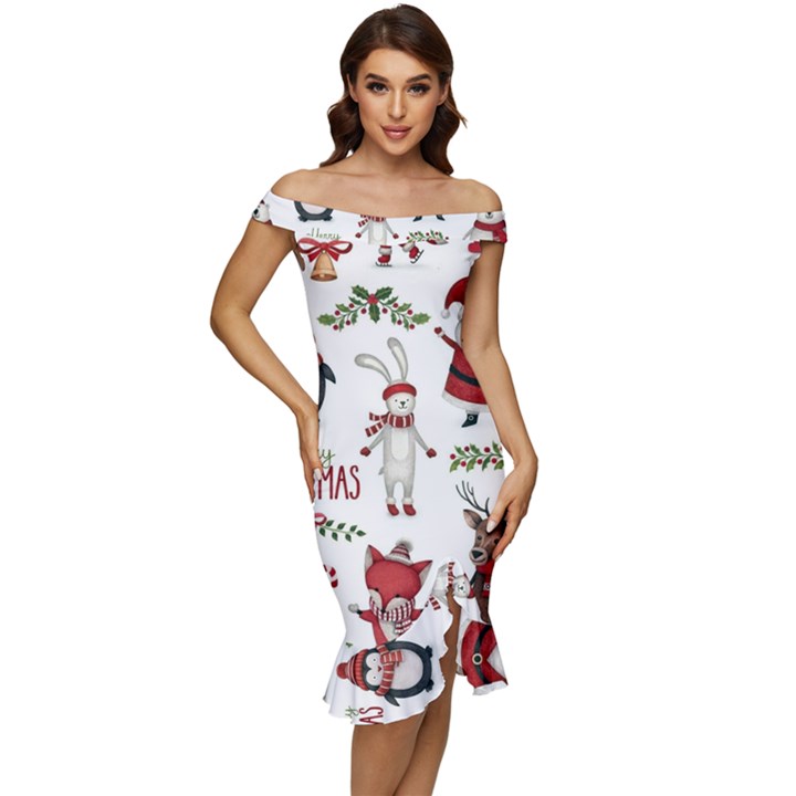 Christmas Characters Pattern, Xmas Backgrounds Off Shoulder Ruffle Split Hem Bodycon Dress