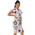 Christmas Characters Pattern, Xmas Backgrounds Vintage Frill Sleeve V-Neck Bodycon Dress View3