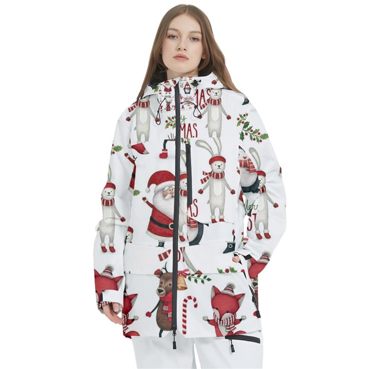 Christmas Characters Pattern, Xmas Backgrounds Women s Multi Pockets Zip Ski and Snowboard Waterproof Breathable Jacket