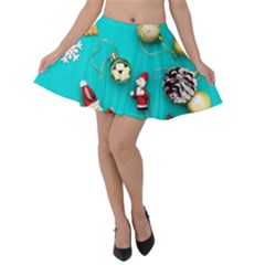 Christmas Decorations Blue Xmas Background Velvet Skater Skirt