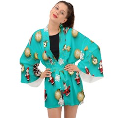 Christmas Decorations Blue Xmas Background Long Sleeve Kimono by kyorashop23