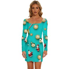 Christmas Decorations Blue Xmas Background Long Sleeve Square Neck Bodycon Velvet Dress by kyorashop23