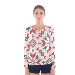 Christmas Texture, New Year, Red-green Christmas Ornament Texture Women s Long Sleeve T-shirt