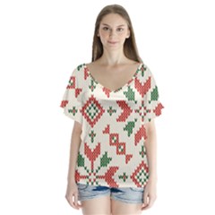 Christmas Texture, New Year, Red-green Christmas Ornament Texture V-neck Flutter Sleeve Top by kyorashop23