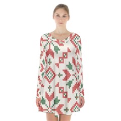 Christmas Texture, New Year, Red-green Christmas Ornament Texture Long Sleeve Velvet V-neck Dress