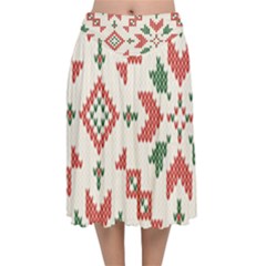 Christmas Texture, New Year, Red-green Christmas Ornament Texture Velvet Flared Midi Skirt