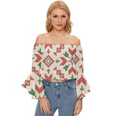 Christmas Texture, New Year, Red-green Christmas Ornament Texture Off Shoulder Flutter Bell Sleeve Top